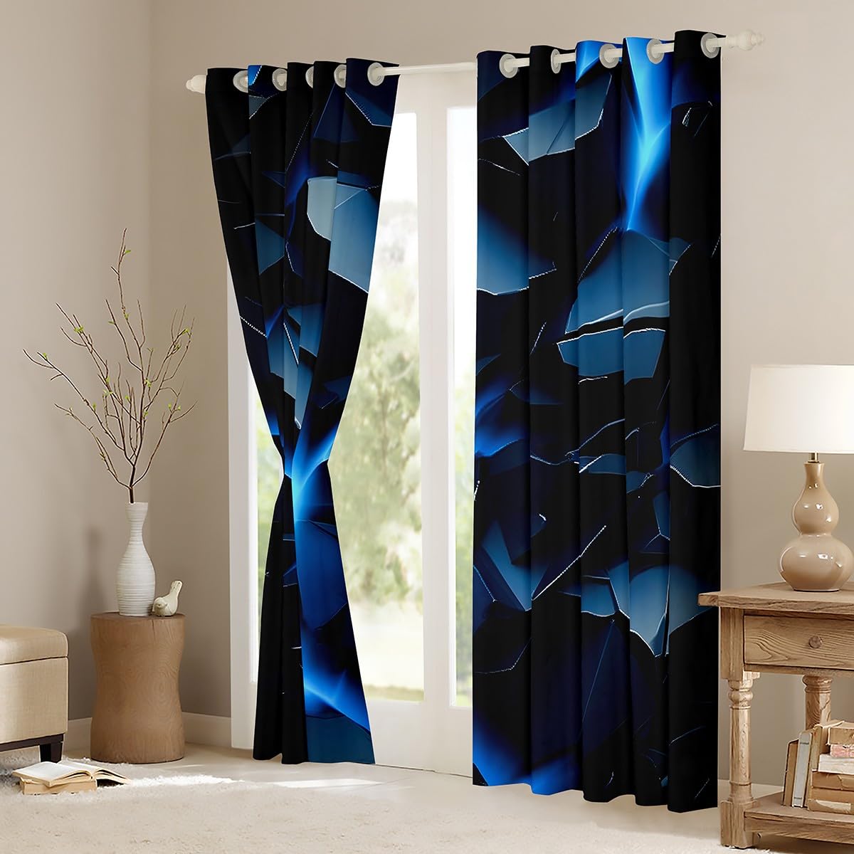 Loussiesd Blaue Geometrie Vorhänge 175x140cm für Kinder Jungen Mädchen Geometrie Bodenbeschaffenheit Fenstervorhang Vulkangesteine Blickdichte Vorhänge Gardinen für Schlafzimmer Wohnzimmer