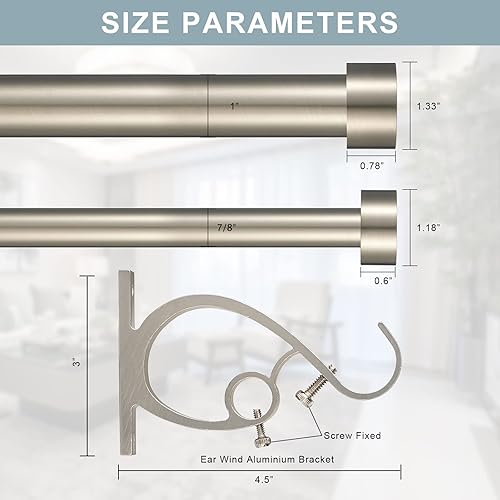 Miniatura 5 de Barras de cortina dobles de níquel cepillado de 72 a 144 pulgadas (6-12 pies), 1 pulgada delantera y 58 pulgadas trasera ajustable con tapa de