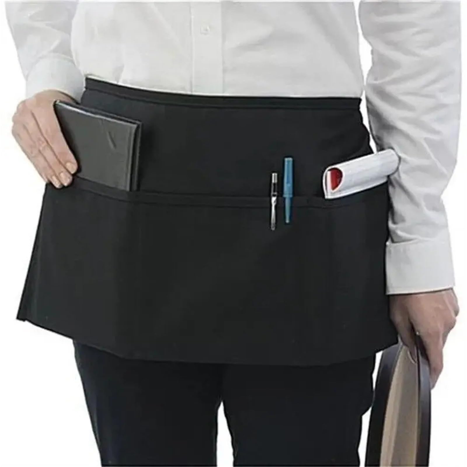 Delantales de cintura Delantal pequeño corto de moda,cintura con 3 bolsillos, medio camarera impermeable negro