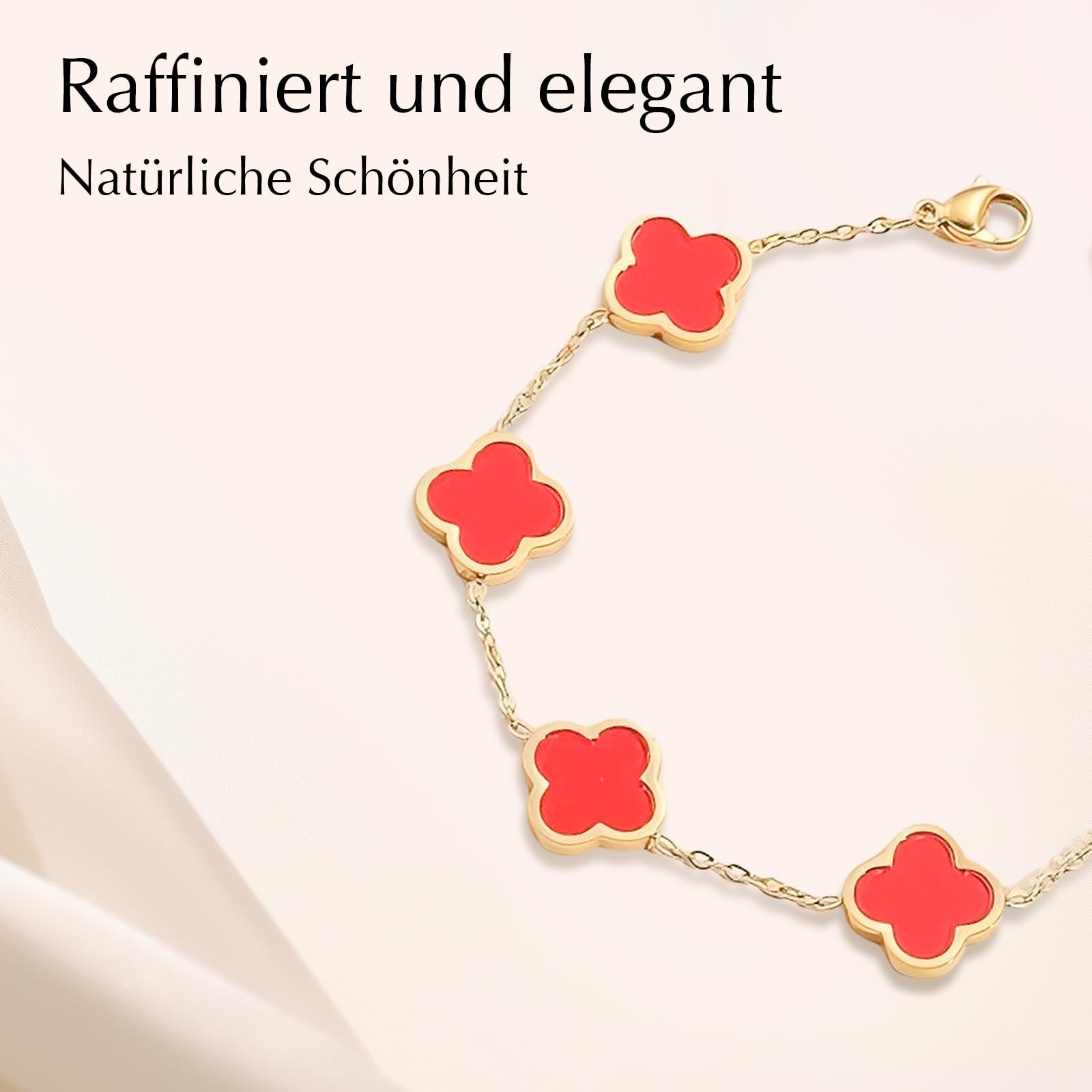 Bracciale a quadrifoglio, quadrifoglio, rosso, placcato in oro 18 carati, gioiello in acciaio inox, adatto come regalo per donne, parenti e amici