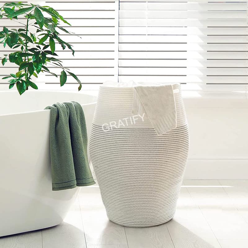 Image of GRATIFY Tall Laundry Hamper | Woven Jute Rope Dirty Clothes Hamper Modern Hamper Basket Large in Laundry Room, ( Black & White 18x 16 Inch)