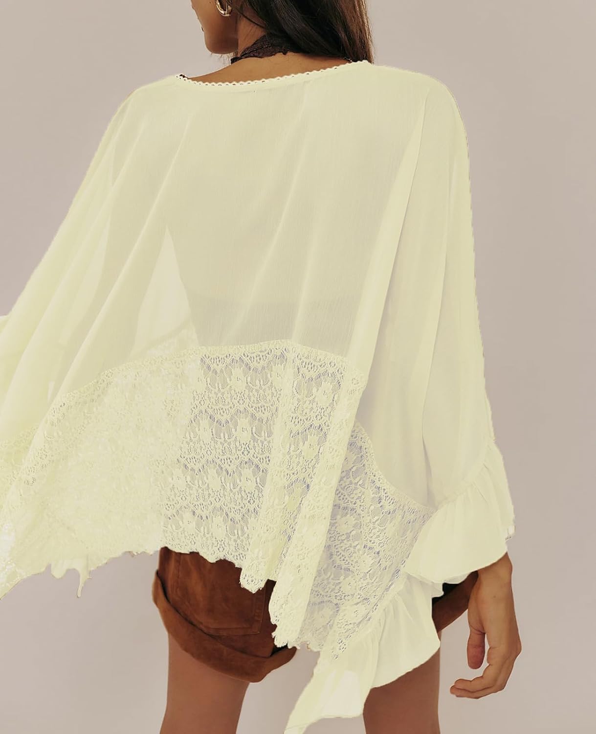 Women Sheer Poncho Top Y2K Oversized V Neck Batwing Sleeve Cover Up Blouse Fairy Lace See Through Mesh Flowy Top - Image 2