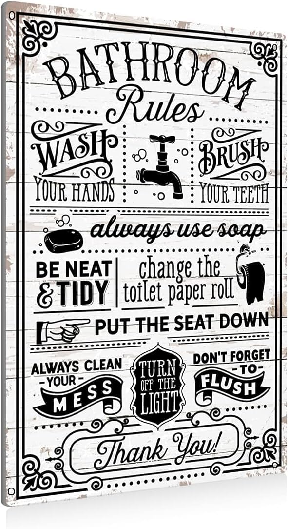 Horienteeon 30x40cm Aluminum Funny Bathroom Rules Metal Sign Wall Decor Farmhouse Bathroom Quote Tin Sign for Toilet Restroom Washroom Home Decor Gifts