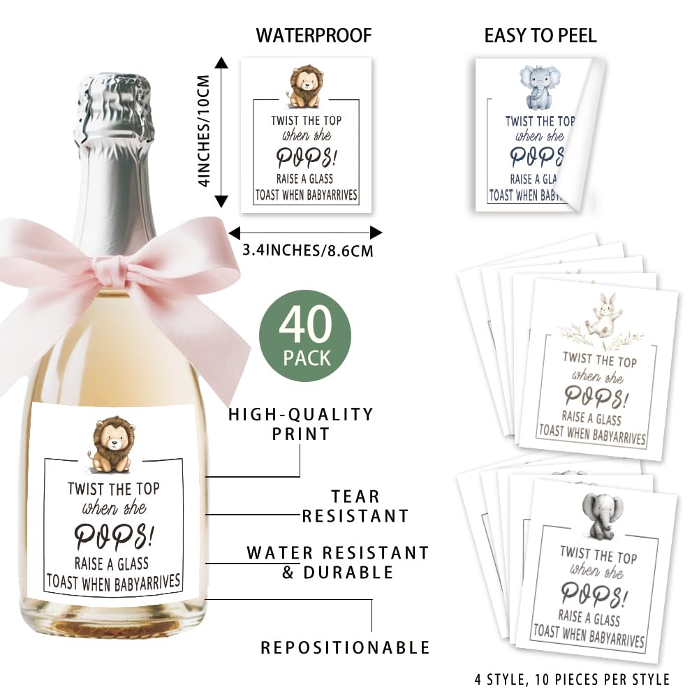 SUPERDANT 40pcs Cartoon Animals Wine Bottle Label Champagne Labels Baby Shower Wine Bottle Sticker Champagne Labels for Bottles Party Label Stickers Covers for Baby Shower Celebrating Party Gift - Image 2
