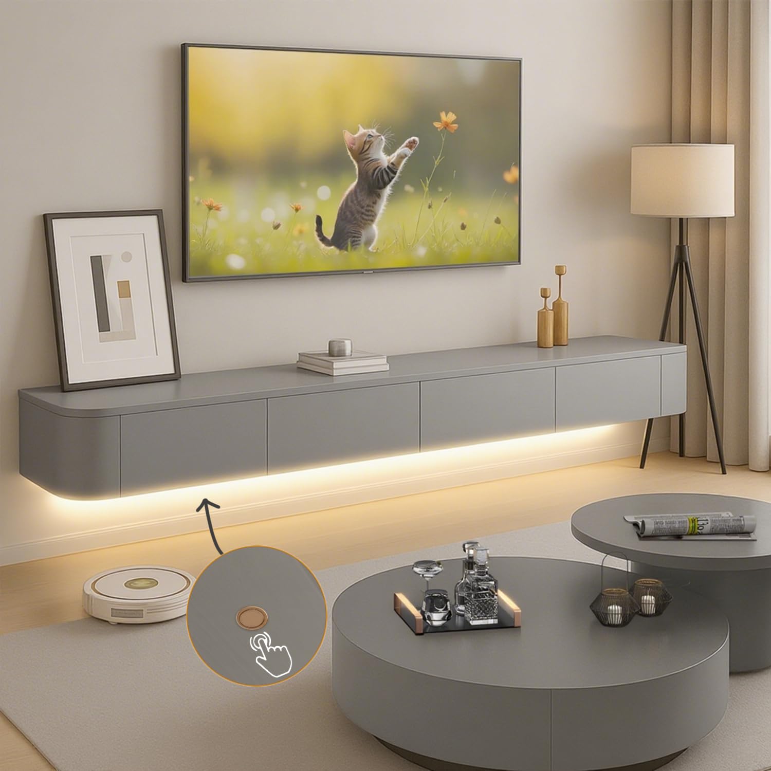 55.1'' Modern Wall-Mounted TV Unit with LED Lighting | Floating Entertainment Console | Large Storage Media Bench for Living Room & Office (Gray)