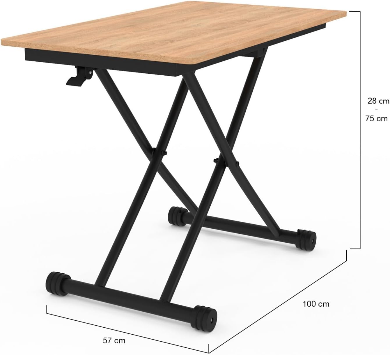 Diagram showing the dimensions of the IDMarket Urbana table: 100 cm length, 57 cm width, and adjustable height from 28 cm to 75 cm.