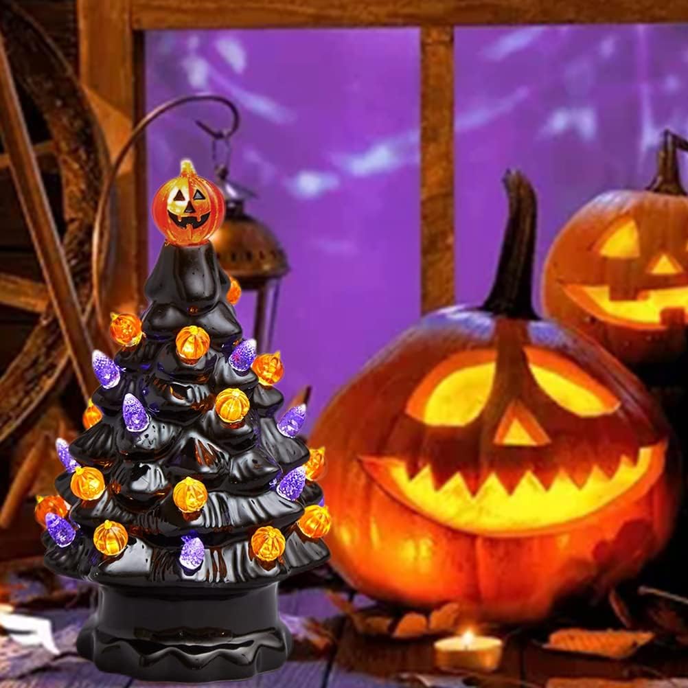 Halloween Ceramic Tree Decorations, Lighted Black Ceramic Tree with Glowing Pumpkin Lights, Battery Powered Tabletop Lamp for Indoor Home Office Halloween Fall Decor