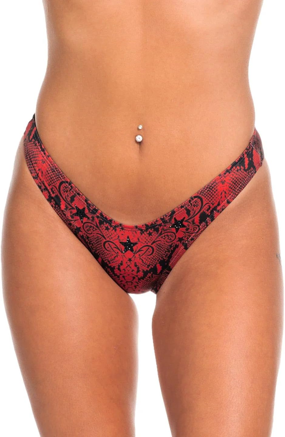 Affliction Women's Red and Black Star Pattern Bikini Bottom, Swimwear Collection