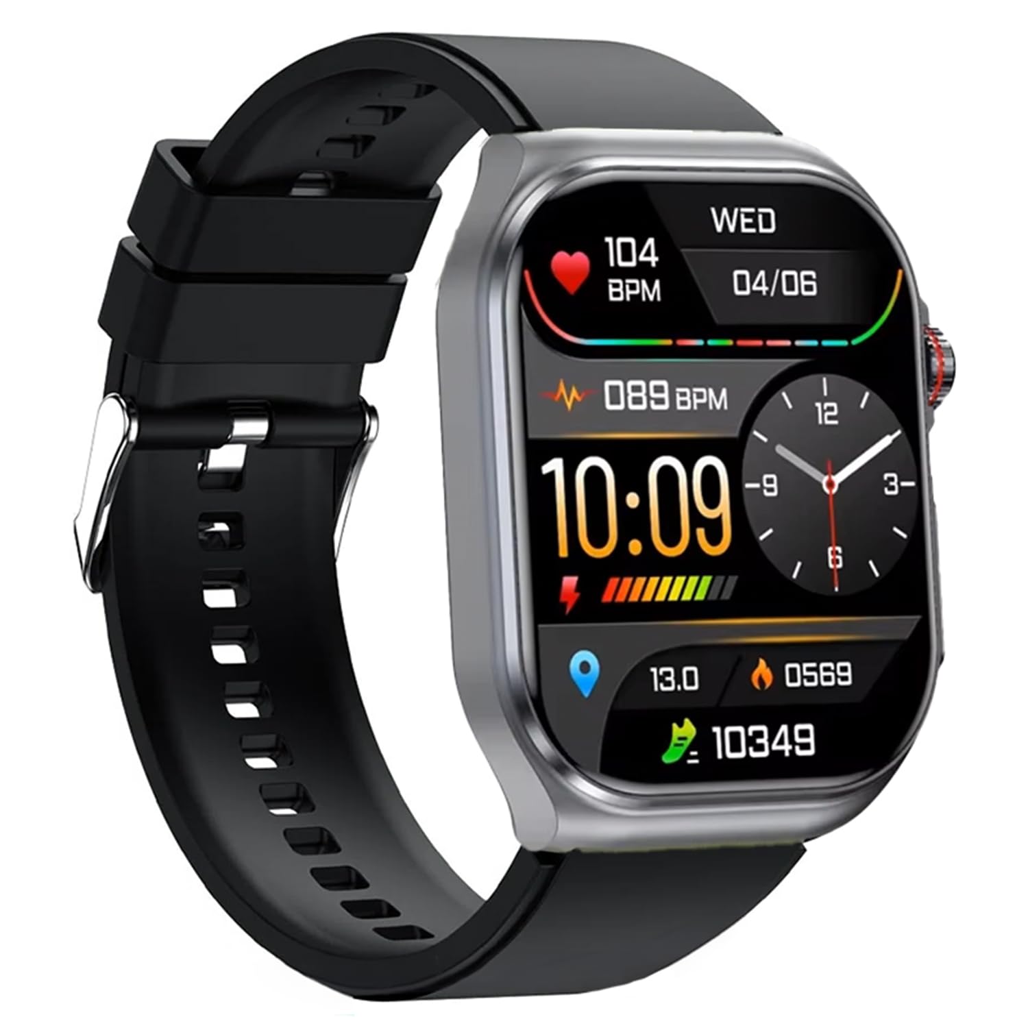 Knauermann PRO 3 Fan Edition eckig (2025) Grau, Gesundheitsuhr Smartwatch mit Telefoniefunktion, EKG Plus HRV und SOS Funktion, BT Bluetooth, Schlafapnoe, Silikonband Schwarz, 14-24