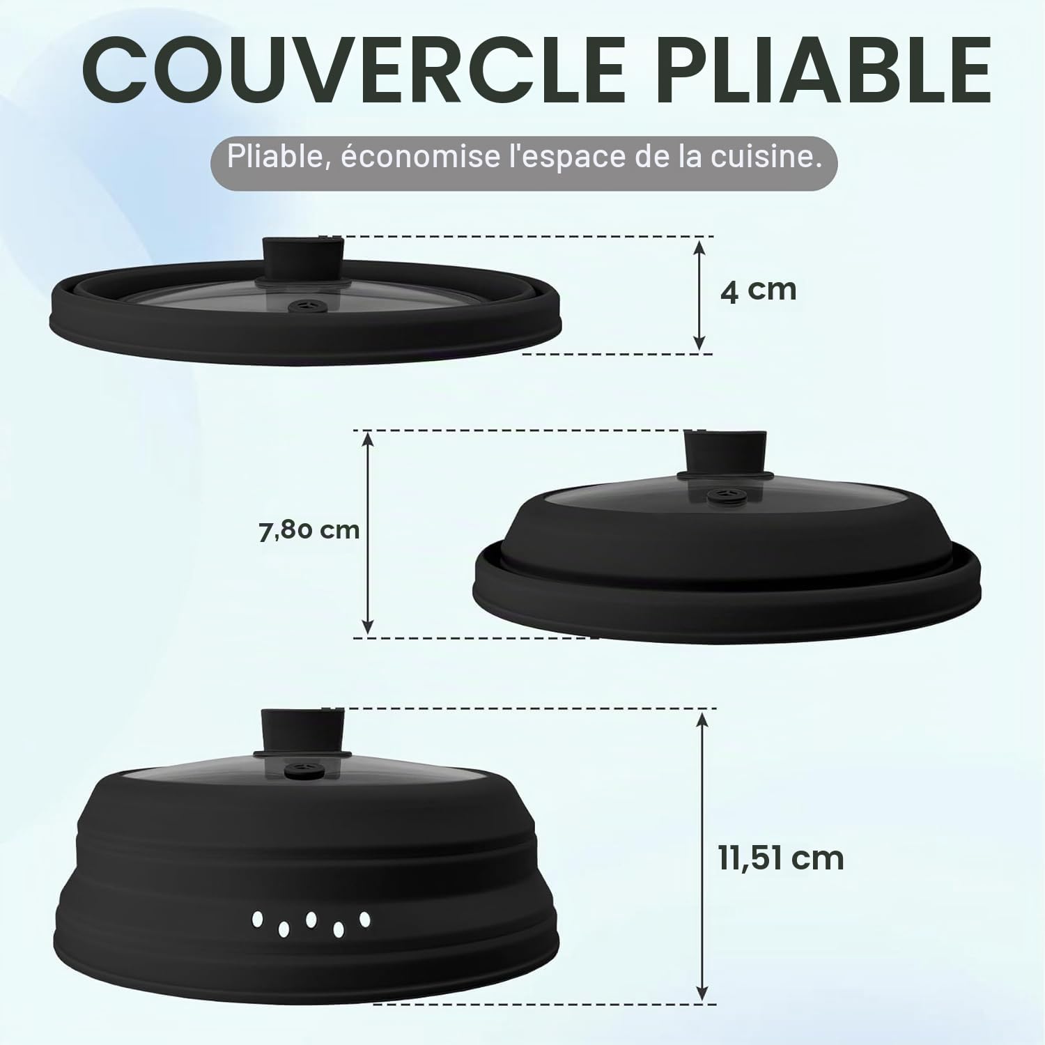 Couvercle anti-éclaboussures en verre pour micro-ondes - Couvercle pliable avec poignée en silicone pour casserole, assiette et bol - 24 cm (Noir, 9.8inch)