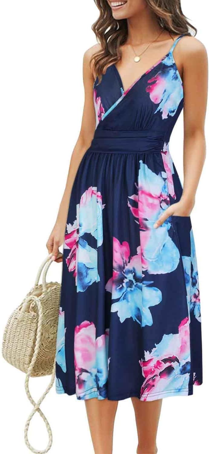 OUGES Women's Summer Spaghetti Strap V-Neck Floral Short Party Dress with Pockets