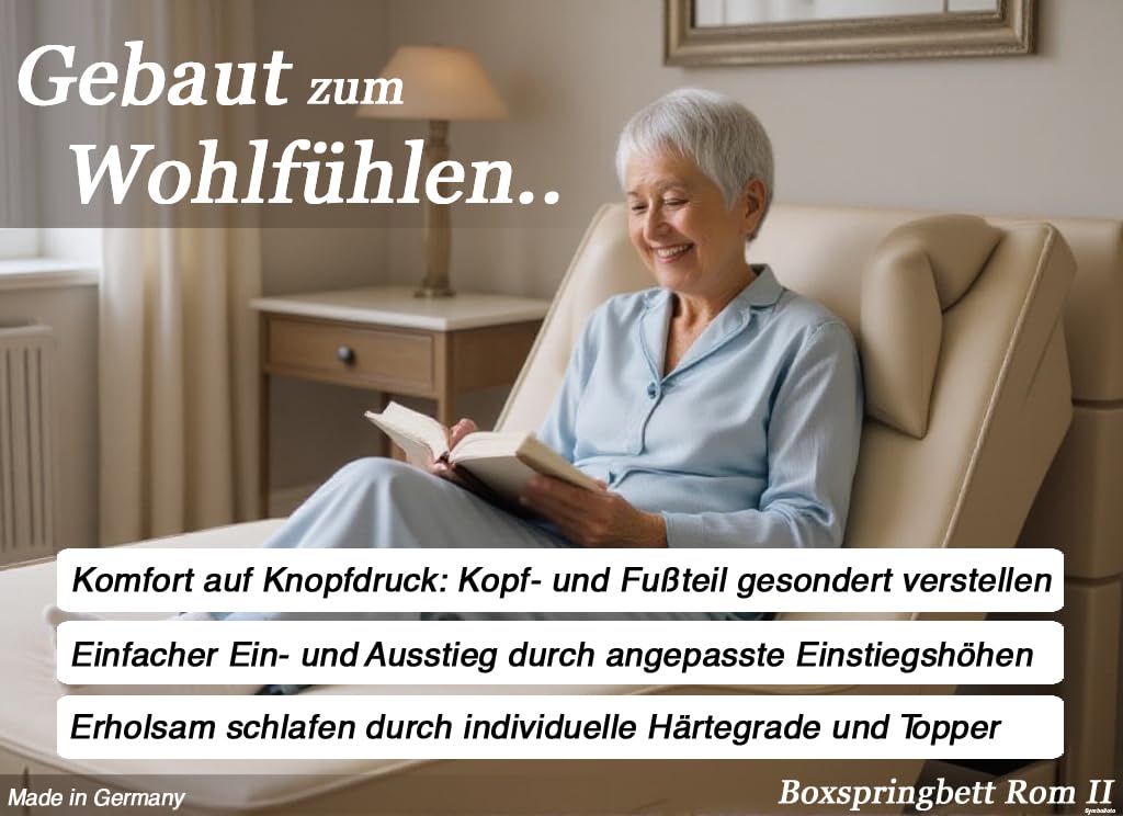 Boxspringbett ROM II elektrisch verstellbar 100x200 cm mit Motor und Kopfteilsteppung nach Wahl. Doppelunterfederung inkl. Matratze und Topper. Härtegrad nach Wahl (Schwarz, 100x200)