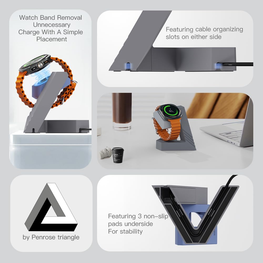 MOSHOU Geometric Design Charger Stand Compatible with Samsung Galaxy Watch 7 (40/44mm)/7 Ultra/6/5 Series, Night Stand Mode, Cable Management, Self-assem Model [Charger Not Included] (Blue)