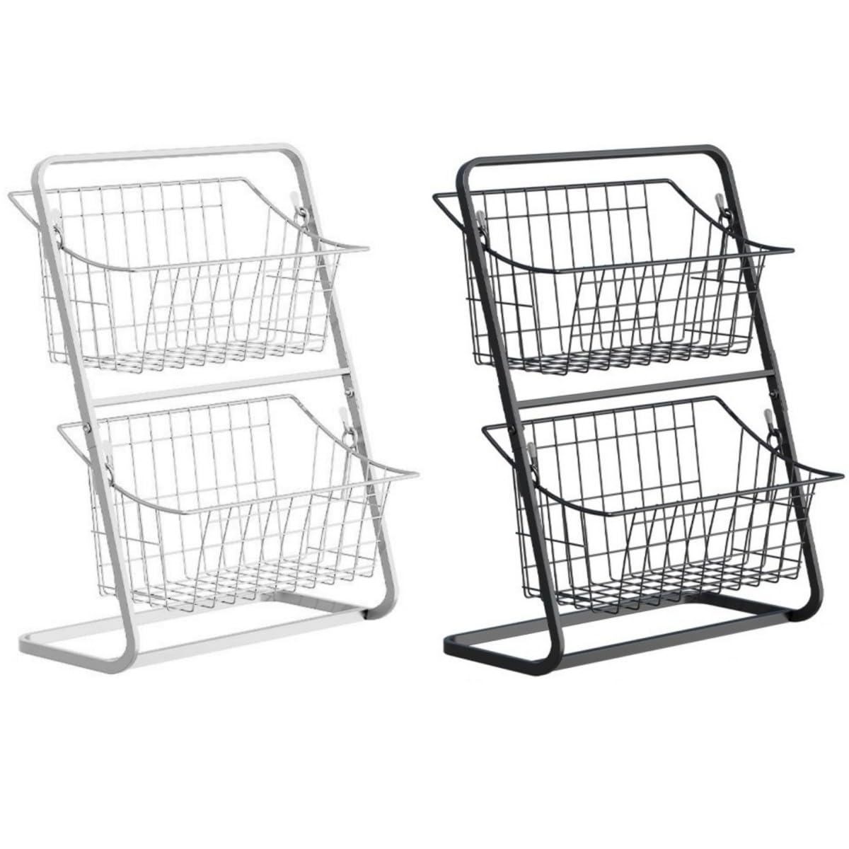 Canasta de frutas y verduras de metal de 2 niveles, organizador de encimera de cocina con gran apertura para exhibición de aperitivos de despensa, blanco, 14.5 x 11 x 6 pulgadas