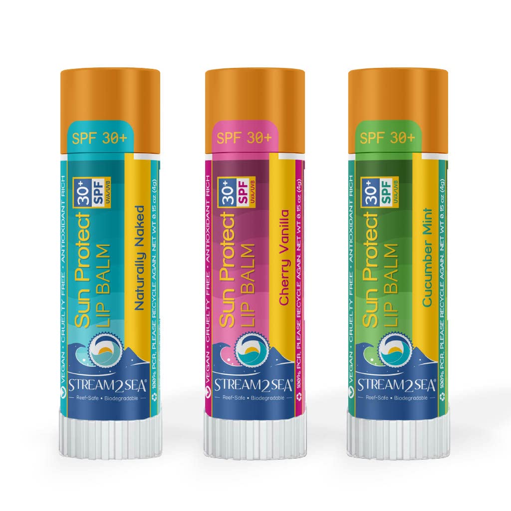 STREAM 2 SEA SPF 30 Organic Lip Balm Set, Reef Safe Cherry Vanilla, Naturally Naked and Cucumber Mint, Moisturizing + Sun Protect Outdoor Lip Balm For Beach and Sports, Paraben Free Lip Moisturizer