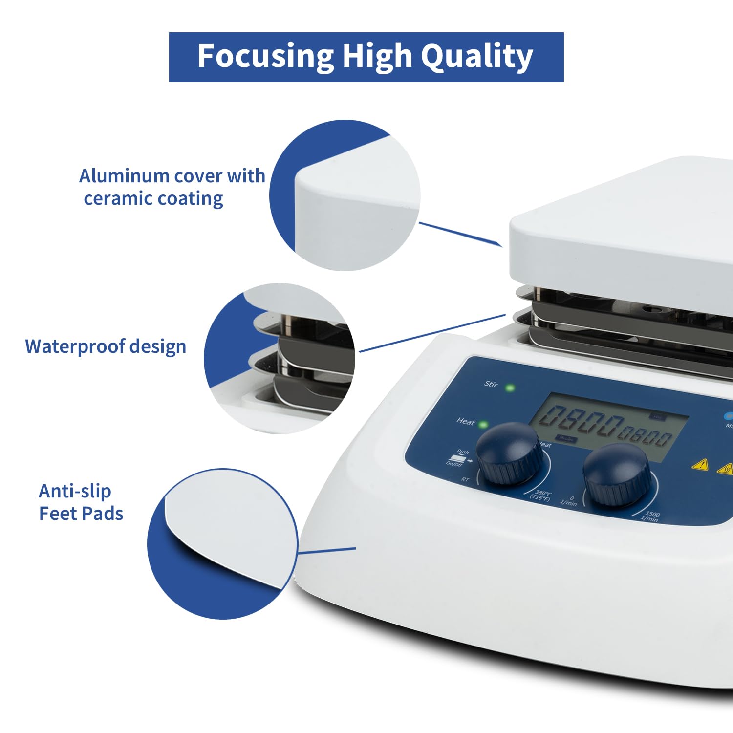 ONiLAB Agitatore magnetico con piastra riscaldante digitale LCD da 380 ℃ con piastra di lavoro in alluminio rivestito in ceramica, 80-1500 giri/min, 20 l, barra di agitazione inclusa