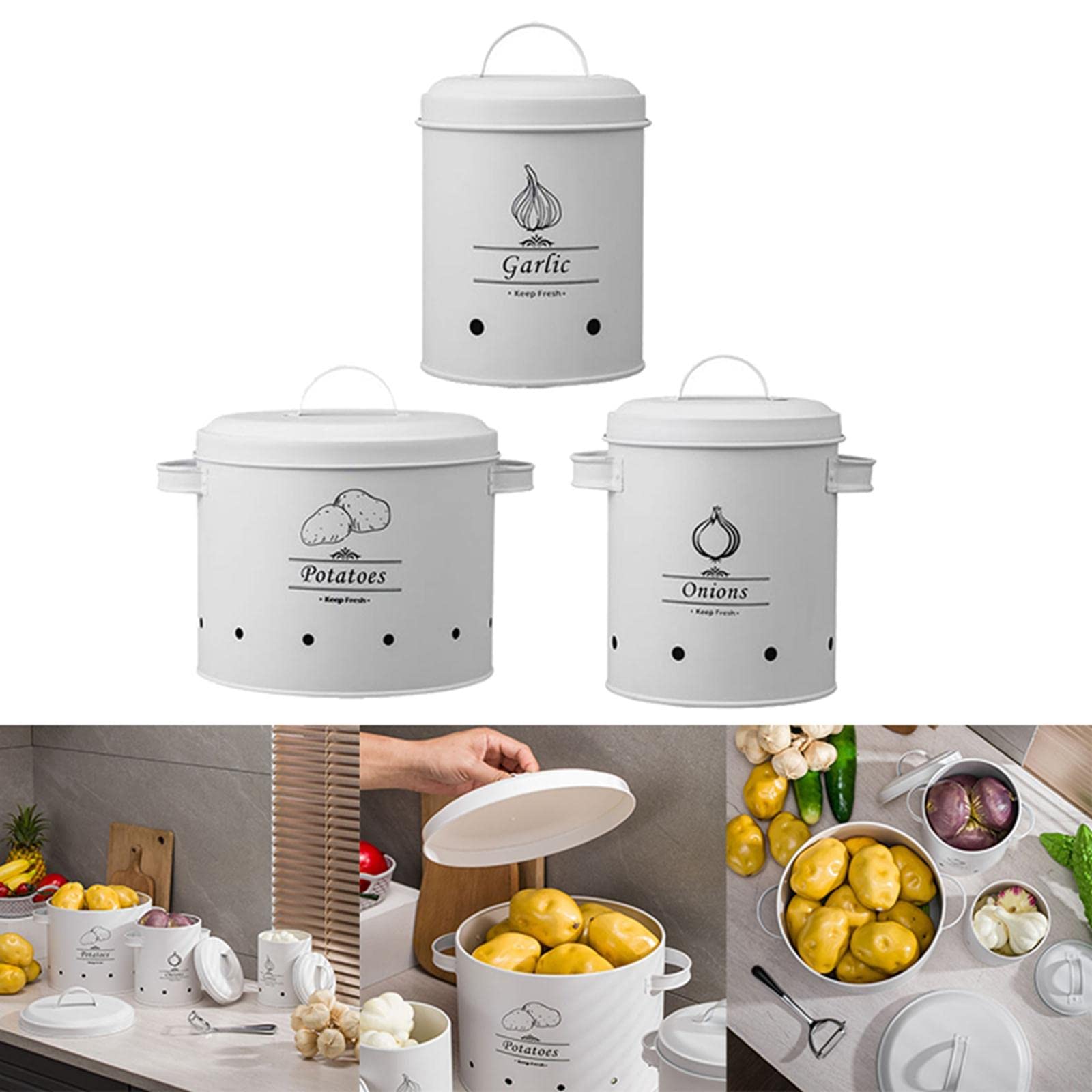 3er-Set Küchenbehälter zur Frischeerhaltung von Kartoffeln,Zwiebeln,Knoblauch und Trockenfrüchten