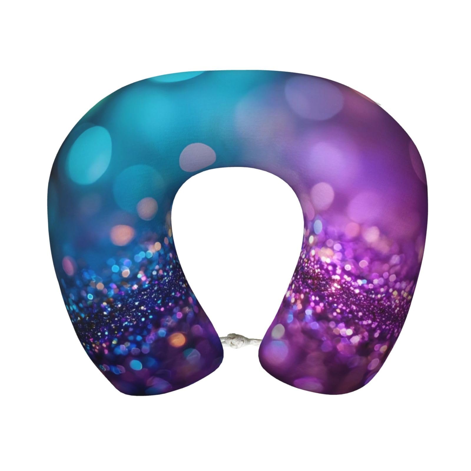 peiyeety Purple and Green Glitter Print Travel Pillow Memory Foam, Portable Neck Pillow for Airplane, Car and Office
