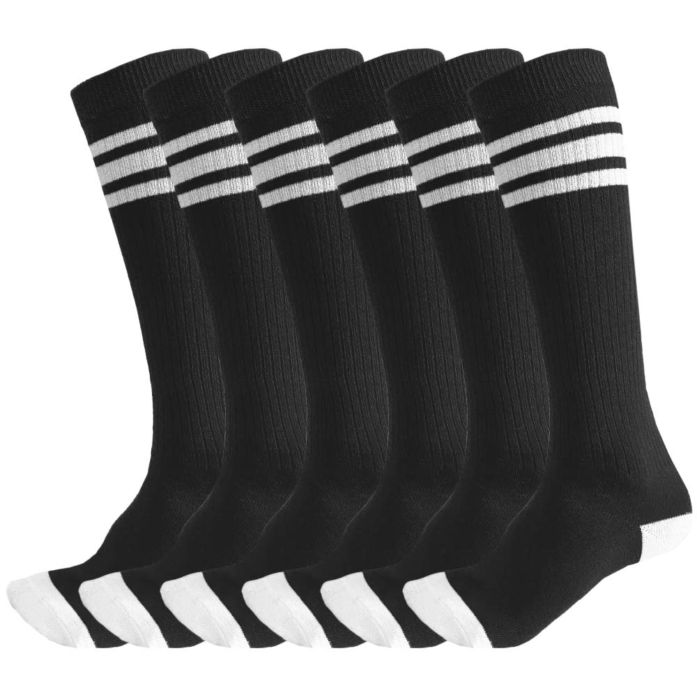 JuDanzy - 3 pares de calcetines de tubo de triple rayas para fútbol, baloncesto, uniforme y uso diario - Negro - 6- 10 años