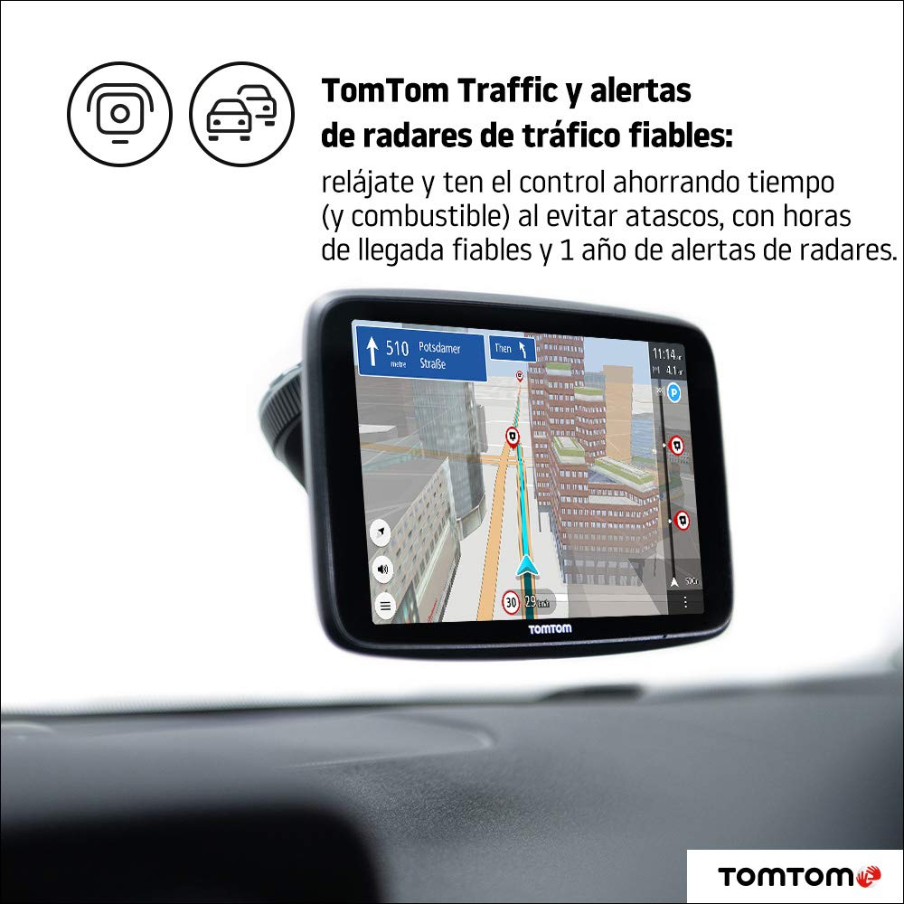 TomTom GPS para coche GO Discover, 6 pulgadas, con tráfico y radares, mapas del mundo, actualizaciones rápidas via WiFi, disponibilidad de parking, precios de combustible, soporte Click-Drive