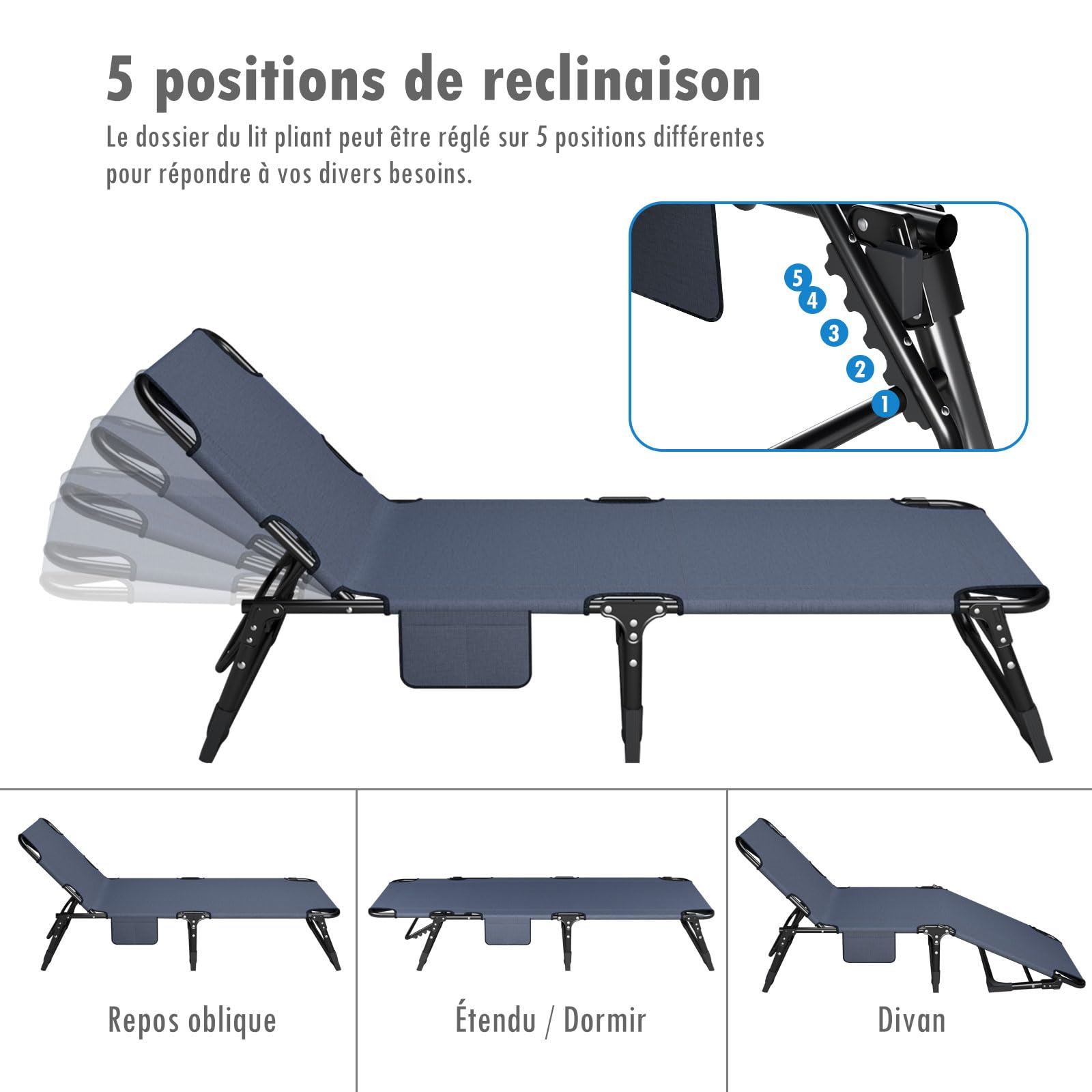ATORPOK SHOP Bain de Soleil avec Dossier 4 pos réglable, lit de Camping Multi-usages Portable et Chaise Longue inclinable pour Jardin/Piscine/Terrasse, Matelas rembourré et Oreiller - Bleu