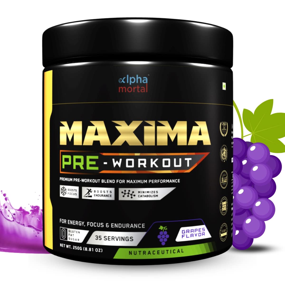 MAXIMA Pre workout for Strength, Mental Focus, Endurance and Energy| For Men & Women | Highly stimulant | Contains Caffeine| With Minerals and Electrolyte Blend | 250 gms | 35 Servings