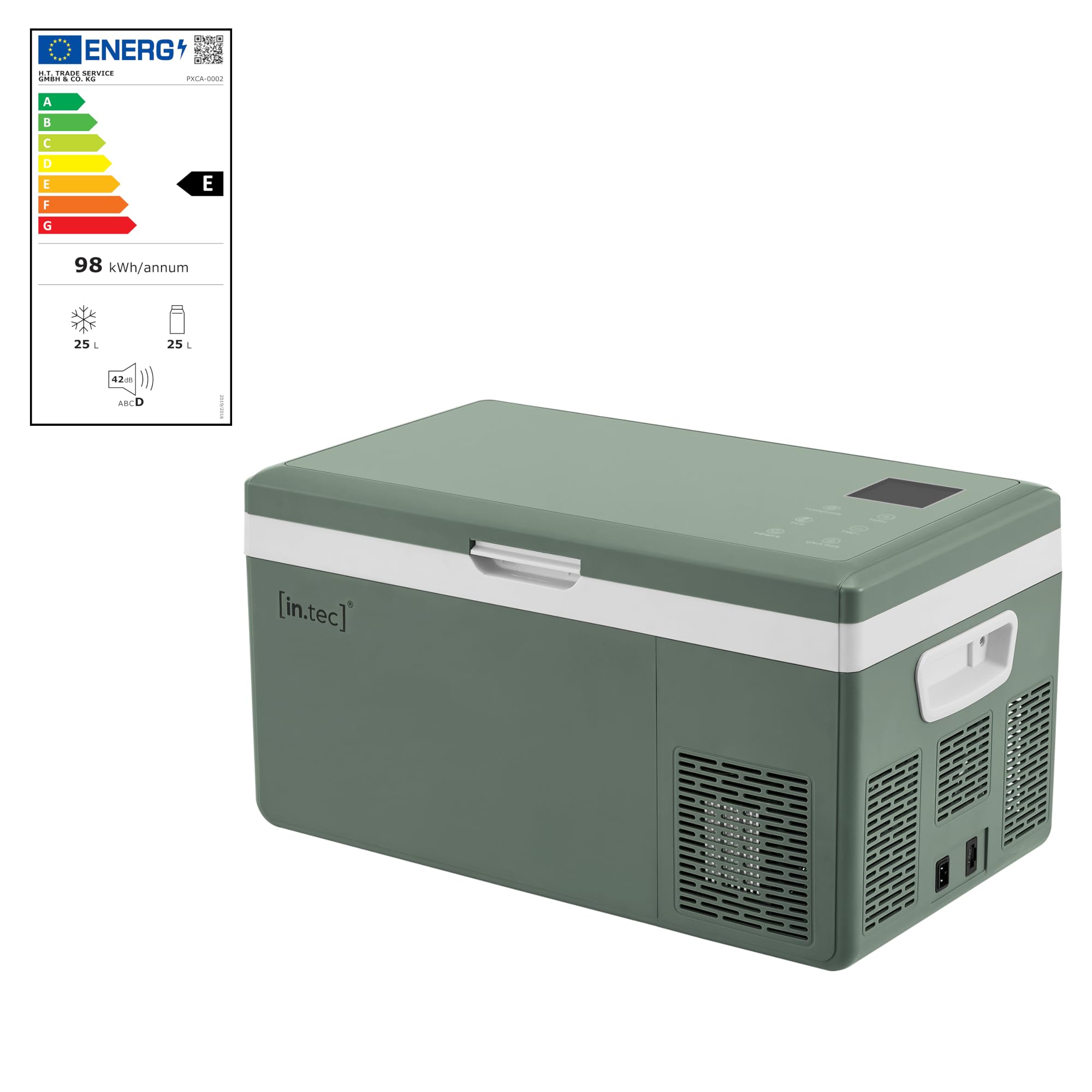 in.​tec Frigorifero Portatile Elettrico per Auto e Casa Capacità 25 L Funzione ECO/​MAX Display Digitale Luce LED Colore Army Green Mini Frigo per Campeggio Picnic