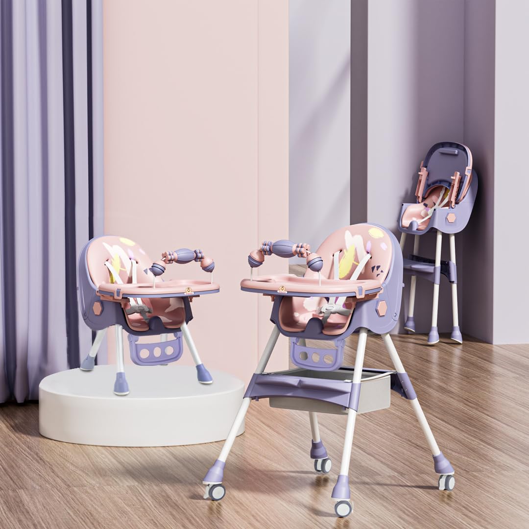 Infantso FEED-X (5-in-1) Baby High Chair / Baby Feeding Chair with Foot Support for 0 to 5 Years Baby, High / Feeding Chair Foldable, height Adjustable, Safety Harness, Wheels, Cushion, Portable Chair (Purple)-image-24
