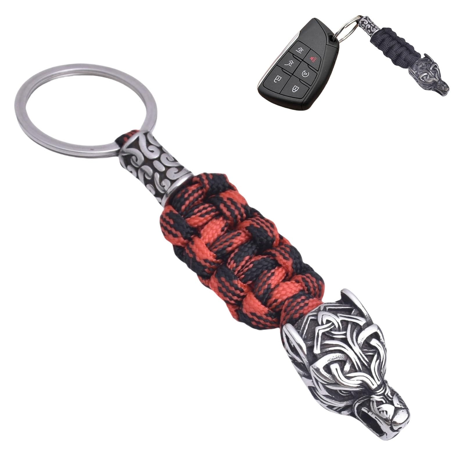 LDZDGD Viking Wolf Head Keychain for Men, Norse Stainless Steel Key Ring with Paracord, EDC Tactical Gift(Red)