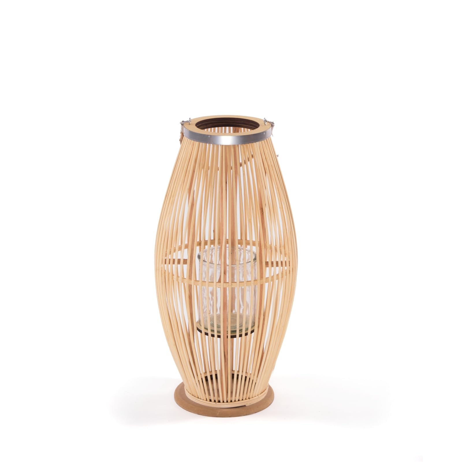 Bambus Laterne Zya | mit Henkel und Glaseinsatz | Holz Kerzenhalter, Windlicht, Deko Laterne für überdachten Balkon oder Wohnung | Größe: 60 cm