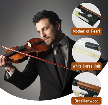 Vetimobato 3/4 Violin Bow - Brazilwood with Ebony Frog & Natural Mongolian Horsehair - Perfect for Adults, Students, Beginners - Traditional Fiddle Bow for 4/4 Violins (3/4)