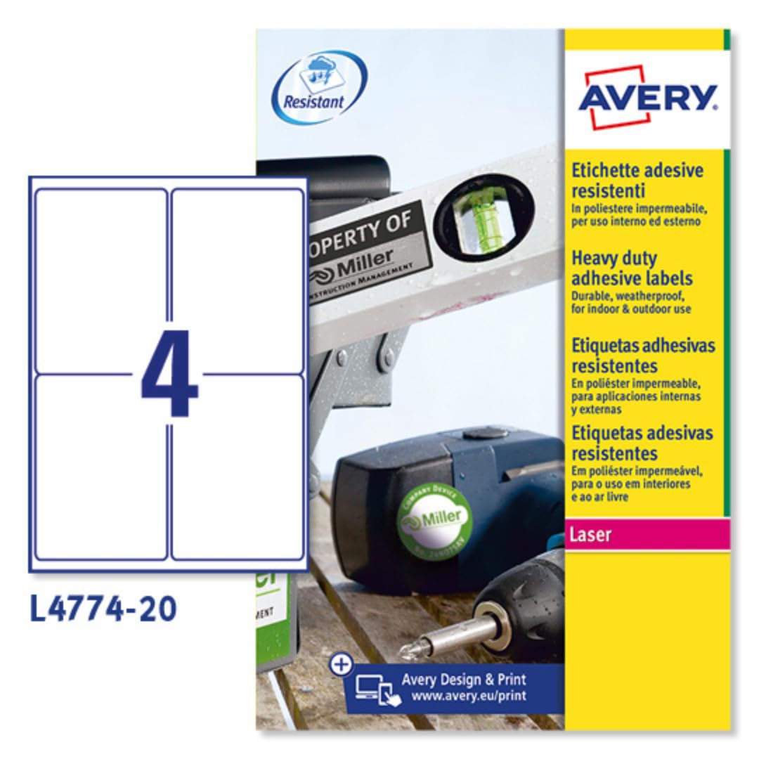 Avery España L4774-20 Etiquetas adhesivas en poliéster blanco resistente, 20 hojas A4, rectangulares 99,1x139mm, 4 etiquetas por hoja, adhesivo permanente, impresoras láser