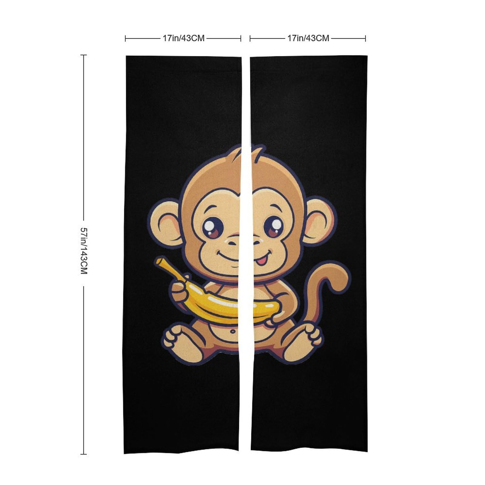 Cute Monkey Holding A Banana Noren Doorway Split Shower Curtain Long Type Window Treatment for Privacy Partition Divider