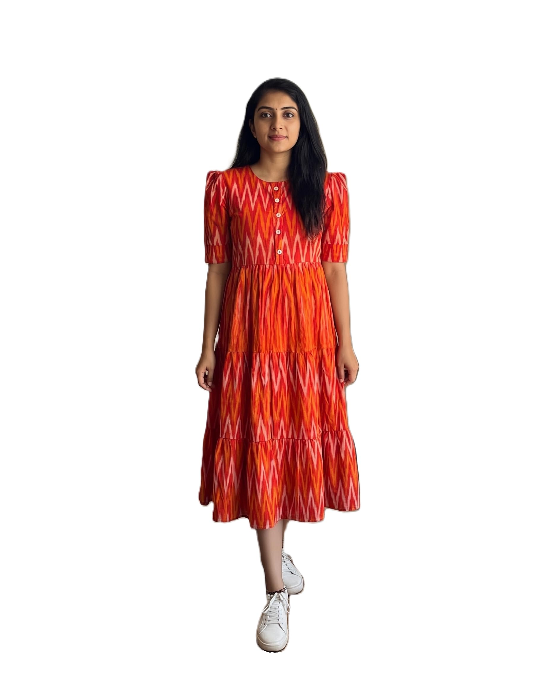 Women's Pure Muslin Floral Print Flare Dress with Vibrant Orange Puff Sleeves-image-13