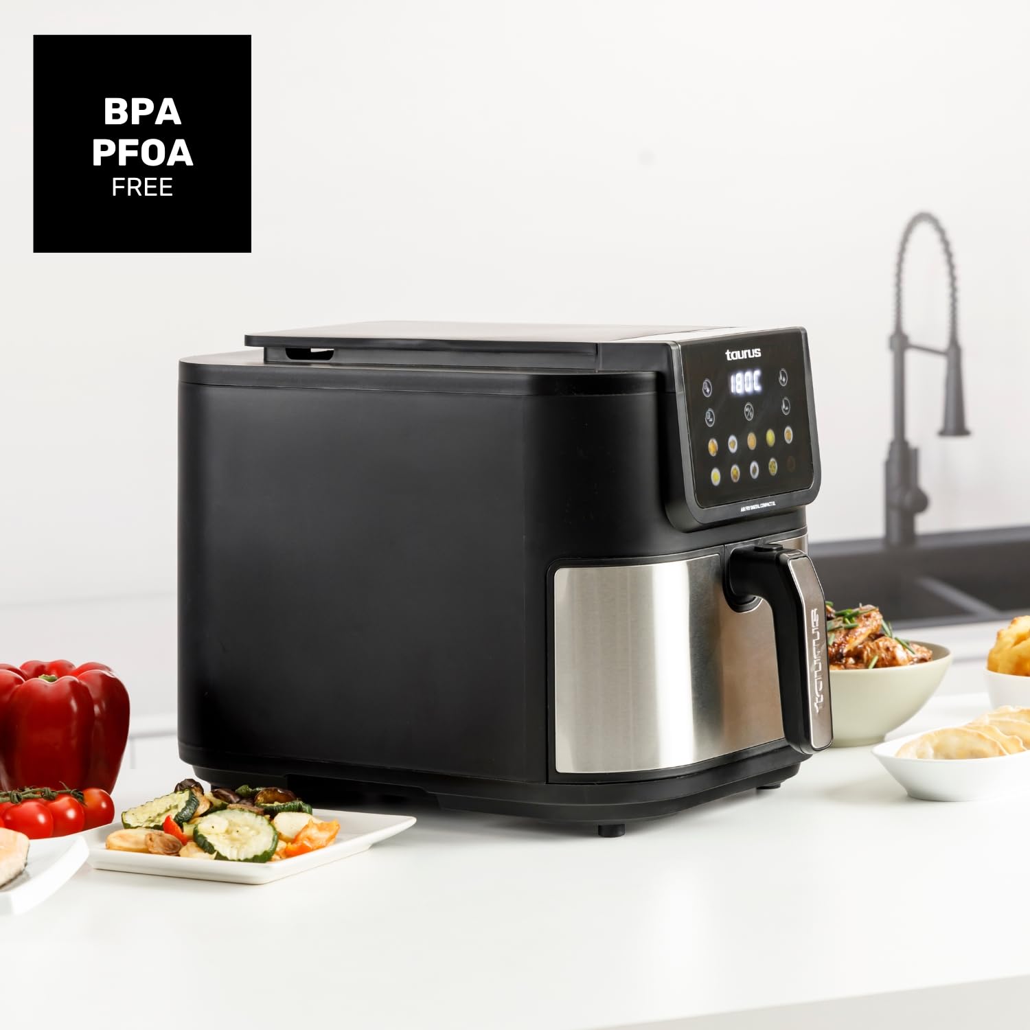 Taurus – Freidora aire Air Fry Digital Compact XL | 1700W | 8L | 8 Programas | Pantalla táctil | Avisador Acústico | Cocción Uniforme | Libre BPA y PFOA | Asa toque frío | Recetario online