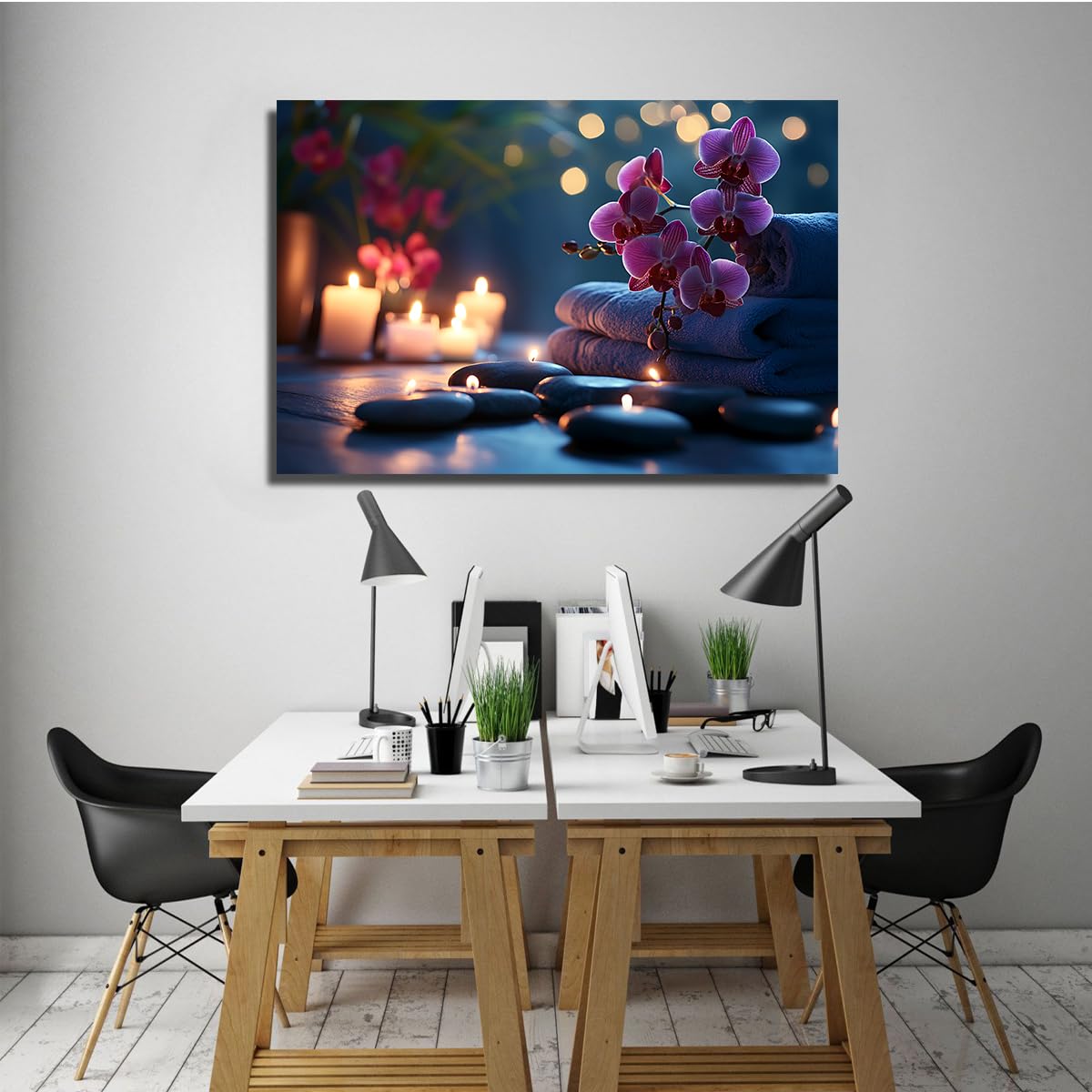 Orquídea Violeta Flor Lienzo Impresión Piedras Zen Velas Lienzo Enmarcado Arte Noche Paisaje Pintura Sala Masaje Terapia Spa Baño Imágenes 40x60cm