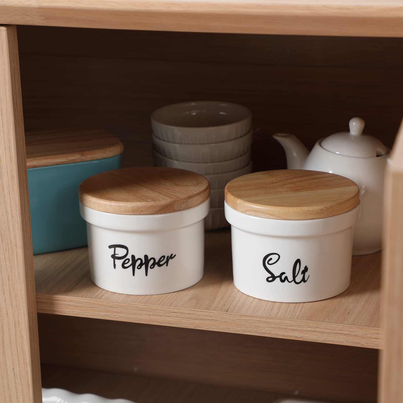 Cuencos de sal y pimienta con tapa de madera, contenedor de cerámica para salero y pimienta de 12 onzas para encimera, decoración de cocina de granja