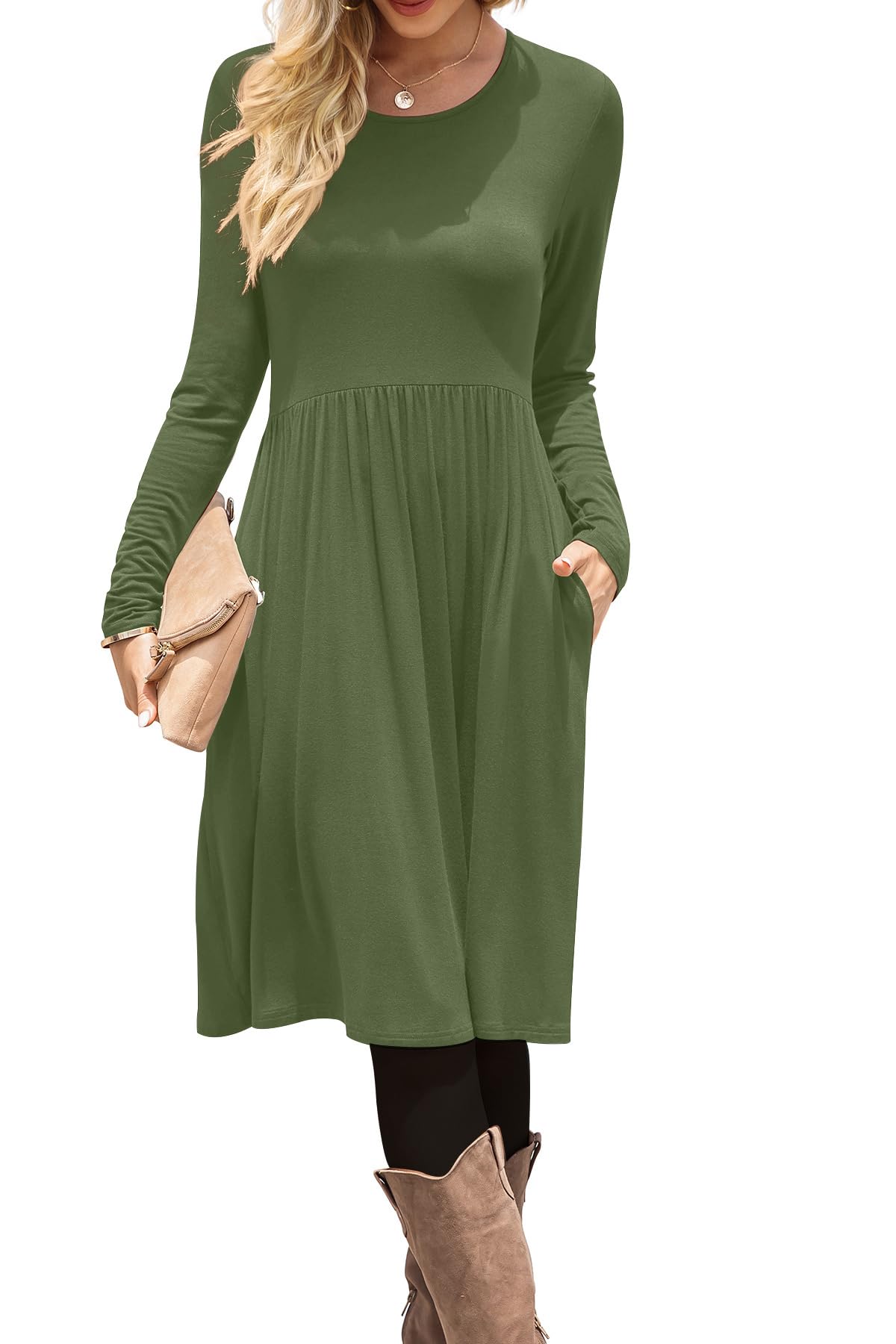 DB MOON Women Casual Long Sleeve Dresses Empire Waist Knee Length Loose Dress with Pockets