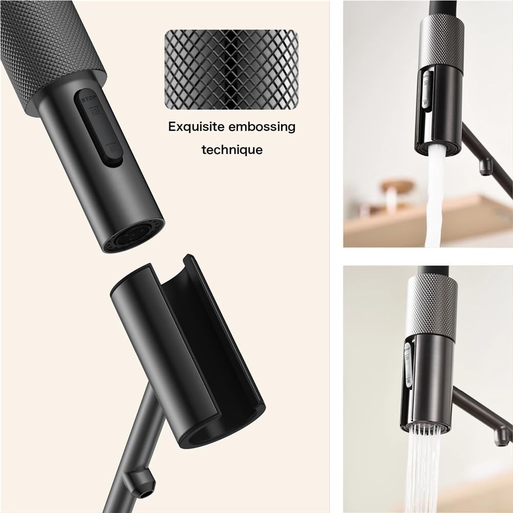 QHQQXN Rubinetto da Cucina Moderno Estraibile in Ottone, Acqua Calda e Fredda, Pistola a spruzzo a 2 funzioni, Finitura Grigia, connessione G3/8, Perfetto per lavelli Moderni e Uso efficiente