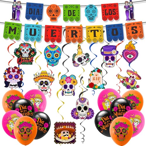 Halloween Day of The Dead Decoration - Cinco de Mayo Decorations Halloween Hanging Swirls Day of The Dead Bunting Banner Balloons El Día de Los Muertos Ceiling Wall Decorations Party Supplies