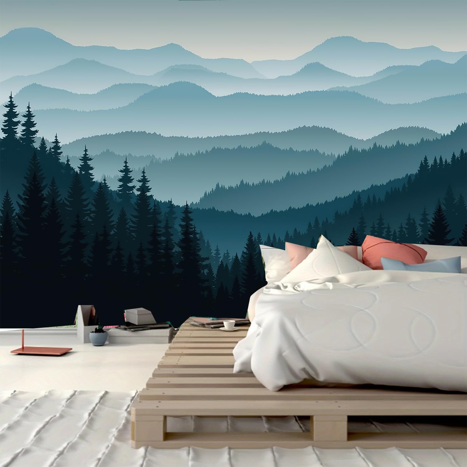 Poster trompe l'oeil mural forêt brumeuse et montagne pour déco 3D