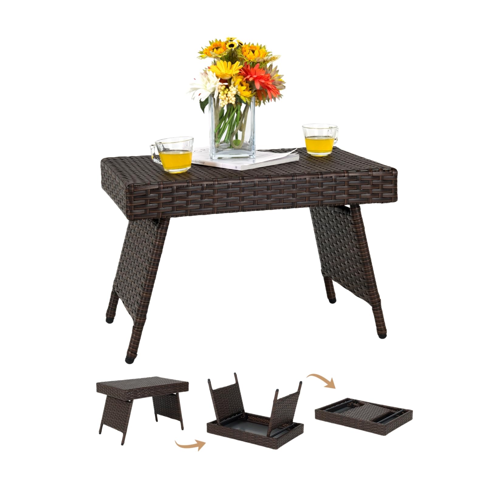 GIANTEX Table Basse Extérieure en Rotin, 60 x 40 x 40 cm, Petite Table Pliante de Jardin avec Patins Réglables, Mobilité Facile, Charge 45 kg, pour Salon de Jardin, Balcon, Patio, Terrasse (Brun)
