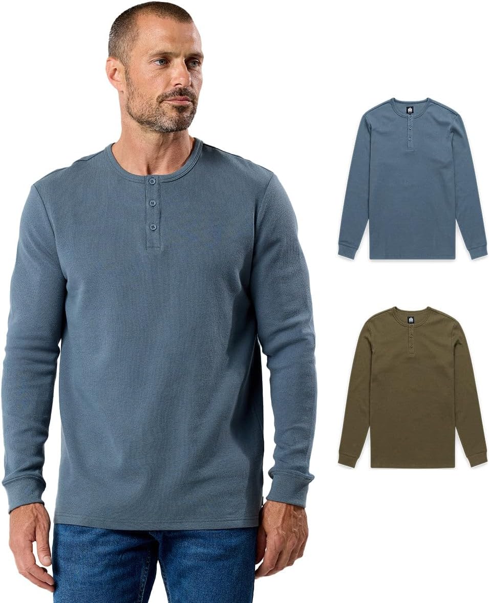 INTO THE AM Long Sleeve Waffle Knit Shirt S-4XL Premium Crew Neck Henley Long John Thermal Shirts for Men