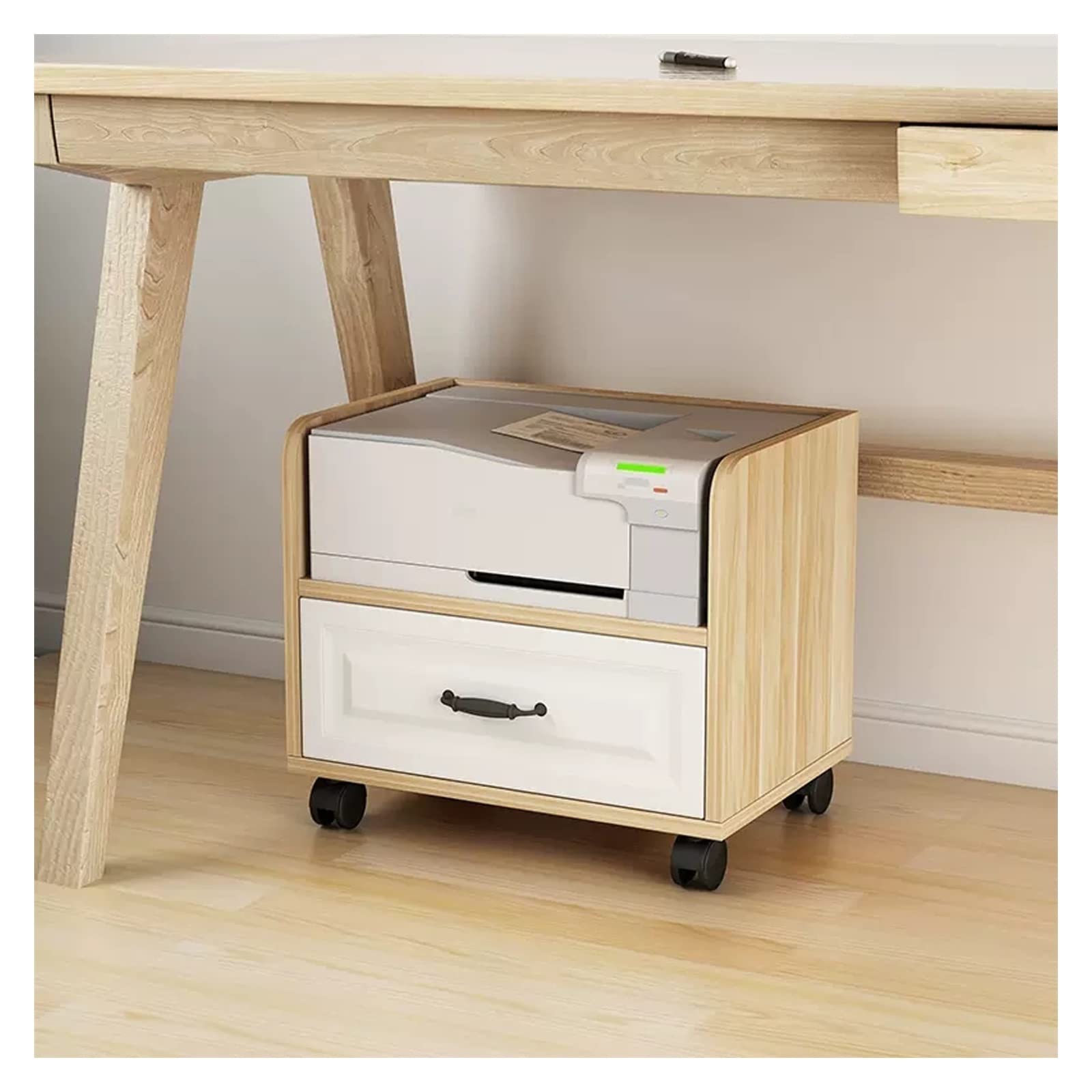 Mobiler Druckerständer mit Aufbewahrungsschublade unter dem Schreibtisch, Druckertisch, rollender Holzwagen für Zuhause, Büro, Schreibtisch, Zubehör, Druckerwagen auf Rädern (L x B x H): 53 x 40 x