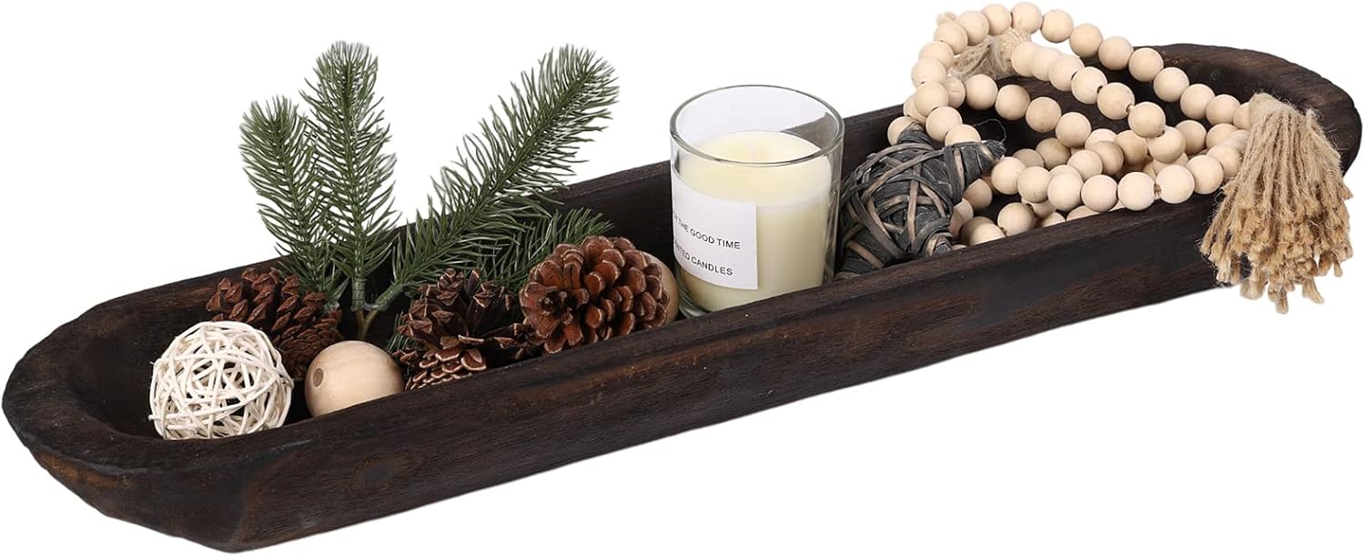 Athaliah Wooden Dough Bowl, 22.7 Inch Hand Carved Rustic Long Wood Dough Bowls for Decor, Vintage Large Wooden Bread Bowl for Table Centerpiece Dining Room Home Kitchen Decor Candles