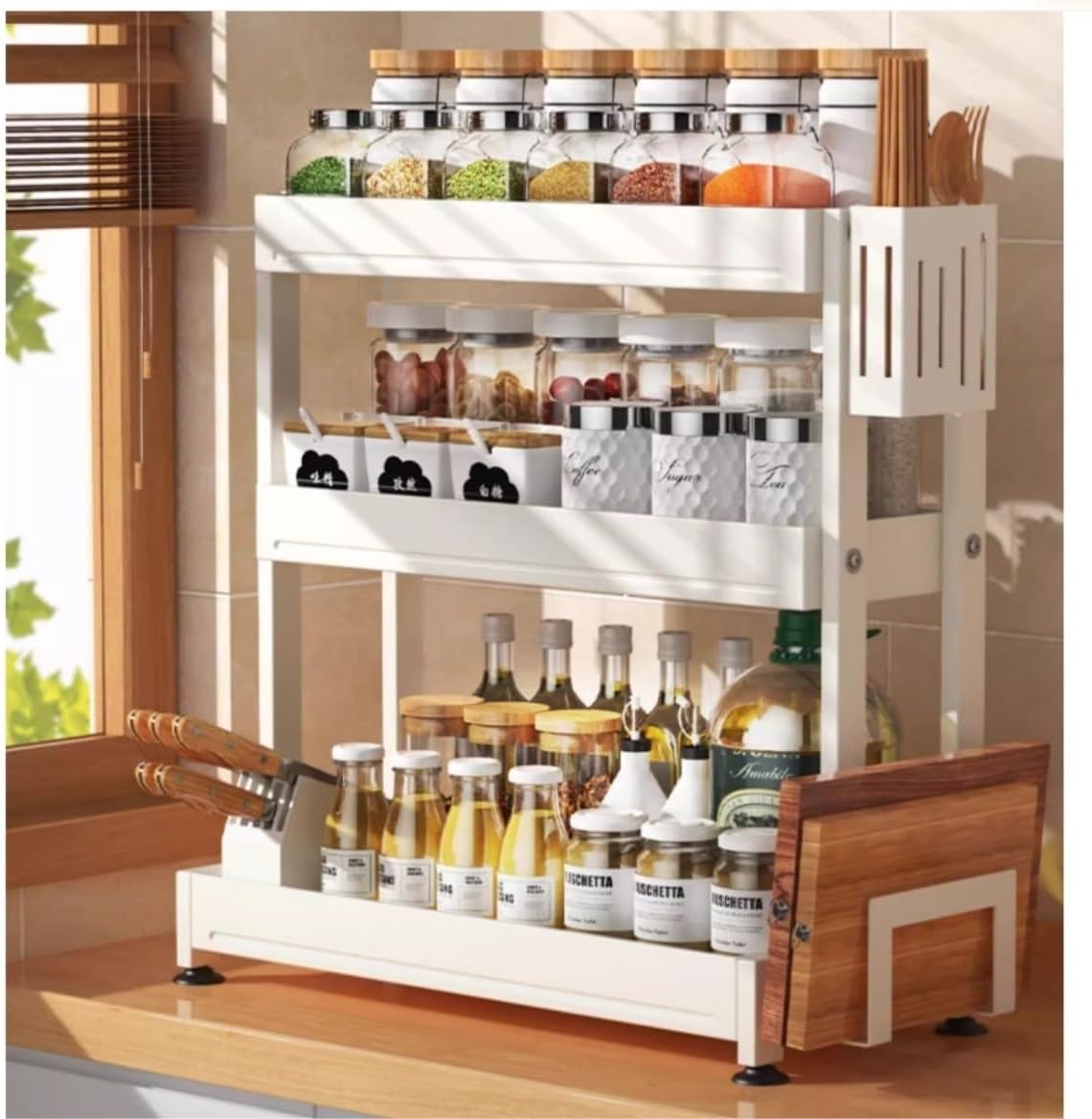 Seasoning Jars Rack Spice Rack 3 Tier Spice Rack with Cutting Board Holder Chopstick Holder Knife Holder Stainless Steel Spice Organizer for Kitchen Spice Organizer Spice