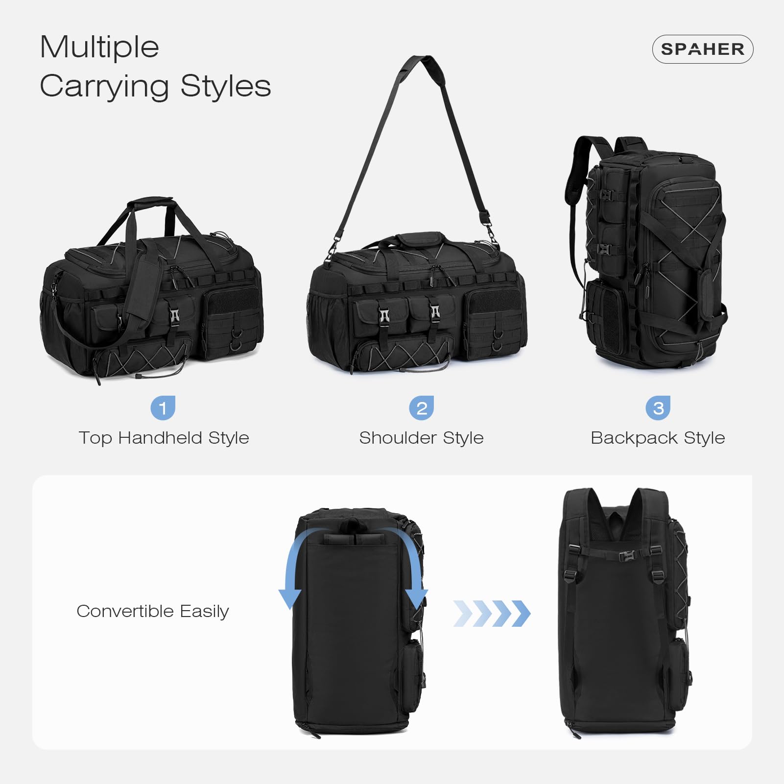 SPAHER 3 en 1 Sac de Sport Voyage Grand 60L Sac à Dos Tactique Homme, Noir | Compartiments Chaussures & Humide, Style Tactique, Bandoulière Rembourrée Amovible, pour Sport, Randonnée, Camping, Natation