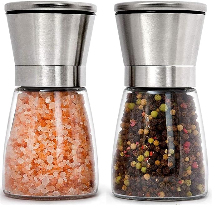 BuntyChiku Stainless Steel & Glass Salt and Pepper Grinders refillable Set of 2,Adjustable Coarseness for sea Salt, Black Peppercorn,Suitable for Kitchen, Barbecue, Restaurant Accessories/Spices.-image-33