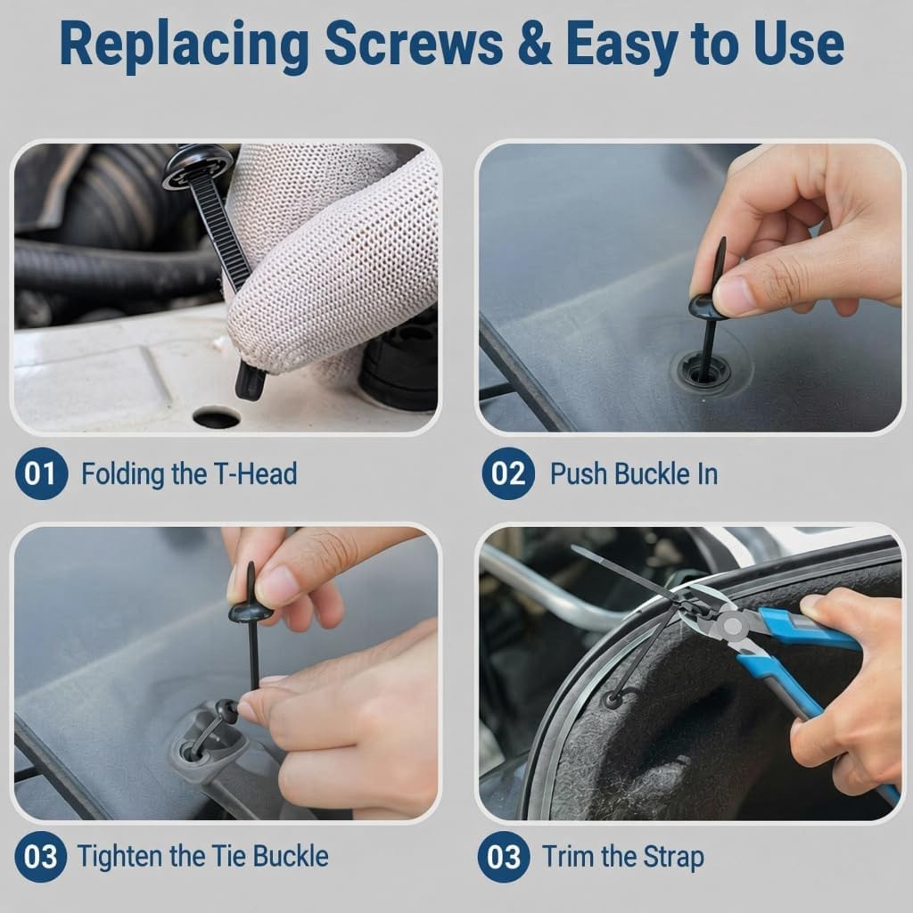 200PCS T-Head Cable Tie Buckle, PA66 Push Pin Clips for Car Repair | Self-locking Triple-Tooth, Anti-Aging, & Tough. Heat and Impact Resistant. For Fender, Bumper, Trunk Liner. Bases Included