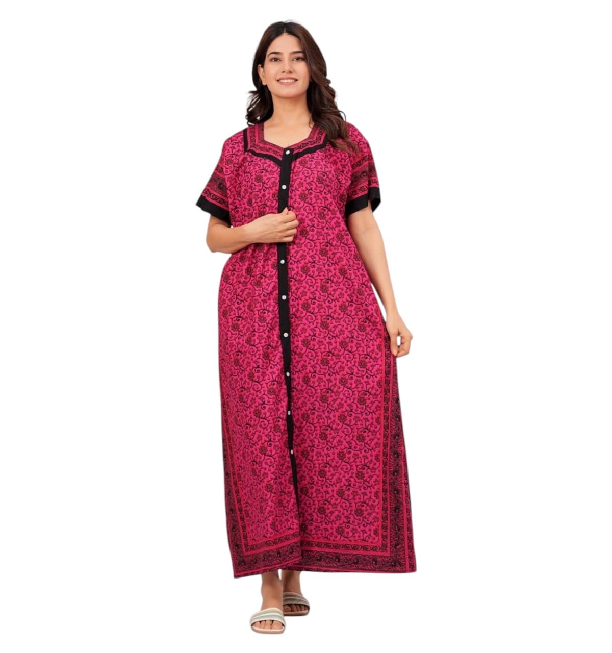 Women's Cotton Maxi Nightgown Short Sleeve Button Front Round Neck Night Dress Patient Recovery, Hospital Wear, Home Care & Daily Comfortable Wear Free Size-image-49
